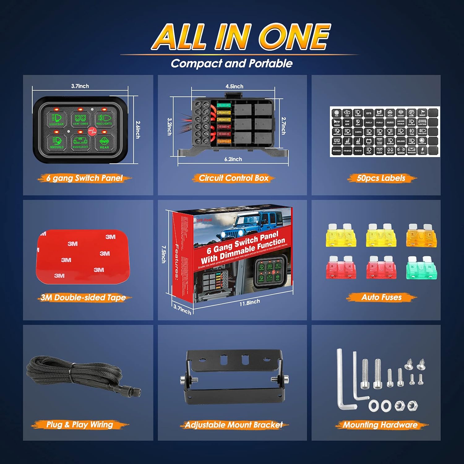 6 Gang Switch Panel Automatic Dimmable, Roador Universal Electronic Relay System Circuit Control Box On-Off LED Control Panel Touch Switch Box for Trucks UTV ATV Boat Car