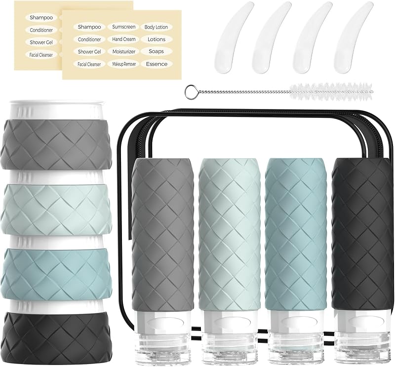 Kit de frascos e potes de silicone recarregáveis para viagem Silevoler, cinza, com 16 peças