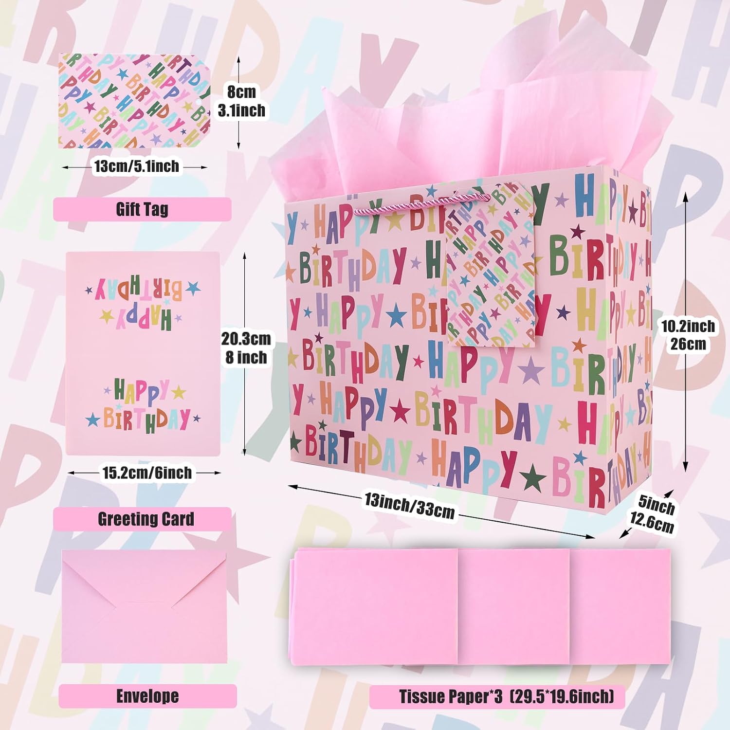 JAYTEM Birthday Gift Bag, 13" Pink Large Gift Bag, Classic Colorful Lettering Design Happy Birthday Bag Set with Greeting Card, Tag, Envelope & Tissue Paper for Women, Men, Boys, Girls, Kid image 4