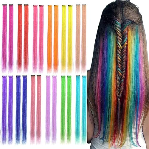 24 extensiones de cabello con clip de 12 colores de 22 pulgadas, arcoíris, resistentes al calor, lacio, con reflejos, Halloween, cosplay, fiesta,