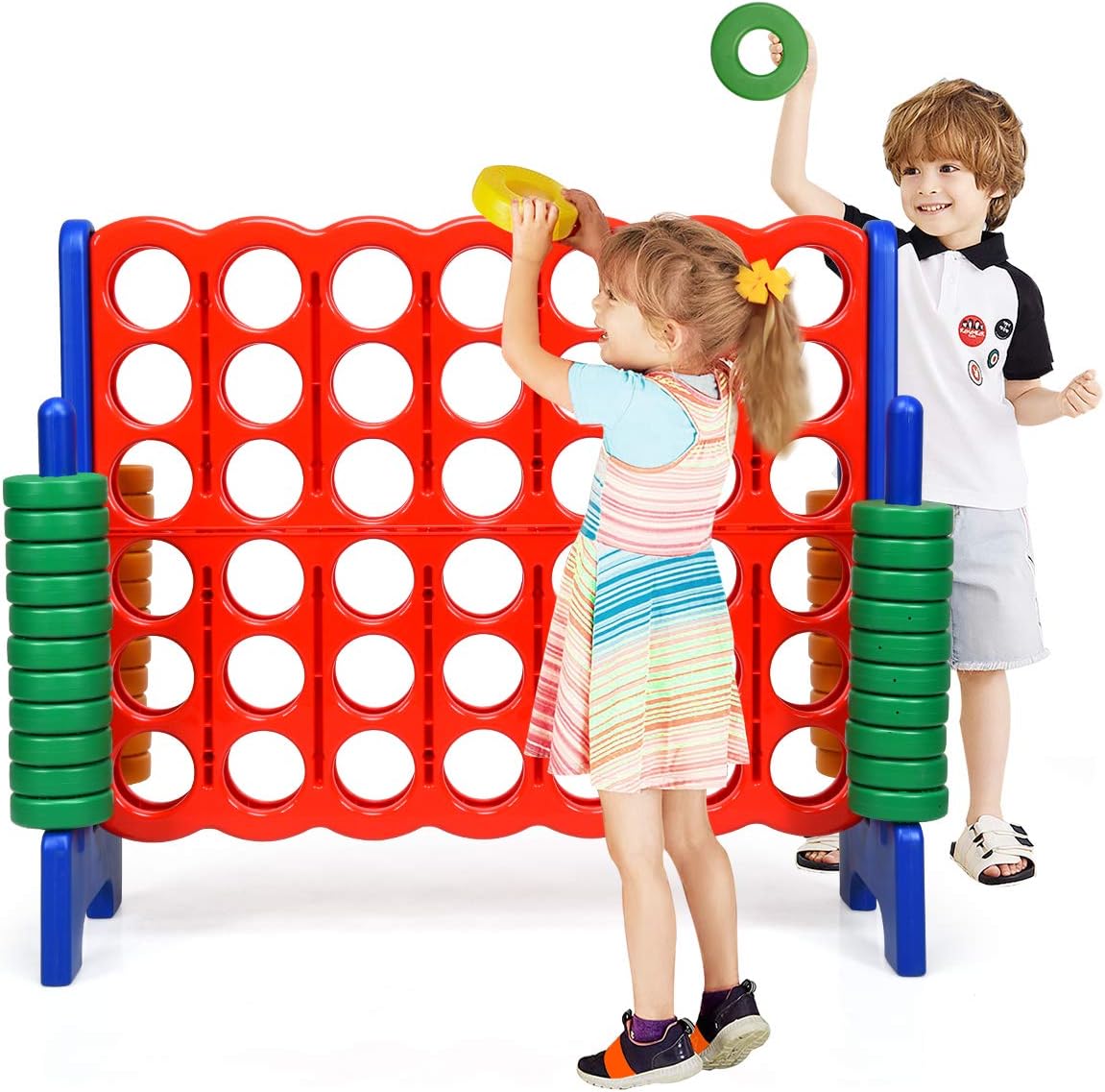 GLACER Giant 4-in-A-Row, Jumbo 4-to-Score Giant Game Set Backyard Games for Kids & Adults, 3.5FT Tall Indoor & Outdoor Connect-All-4 Game Set with 42 Jumbo Rings & Quick-Release Slider
