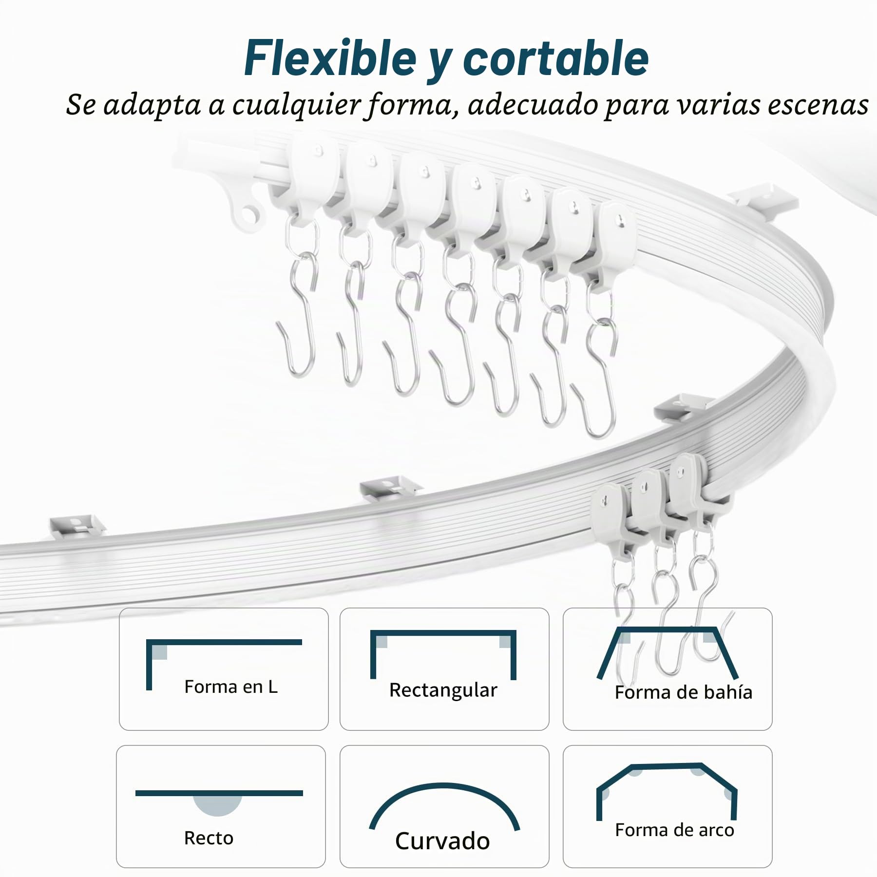 JIHYER Riel Cortina Techo Flexible, 16.4ft(5M) Rieles para Cortinas de Techo, Curvado, PVC, Metal, Plástico y Acero Inoxidable, Blanco, para Montaje en Techo