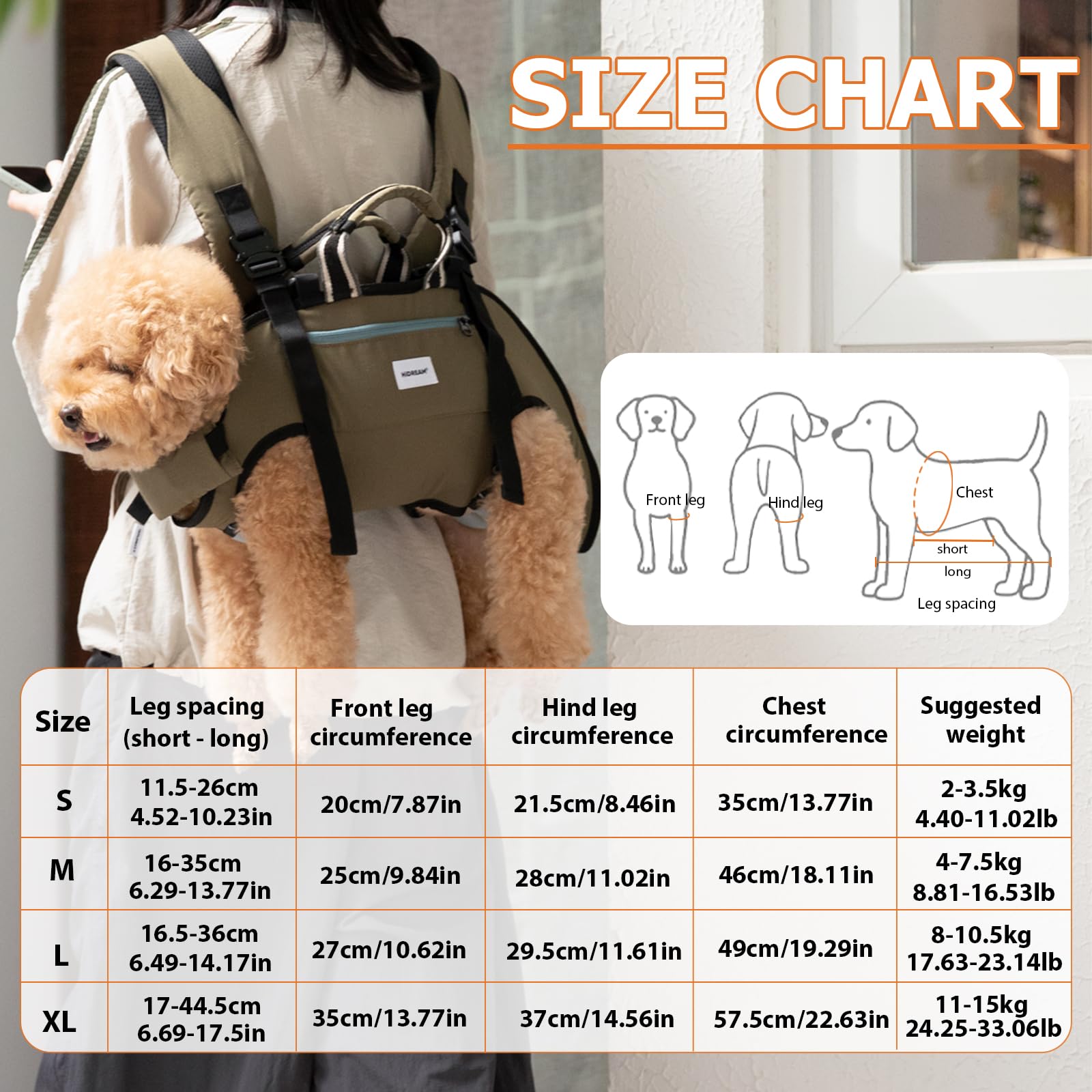 Zaino ergonomico per il trasporto del cane, con zampe orizzontali verso l'esterno anteriore e posteriore, borsa da trasporto a mani libere convertibile 3 in 1, fino a 15 kg (Verde, XL)