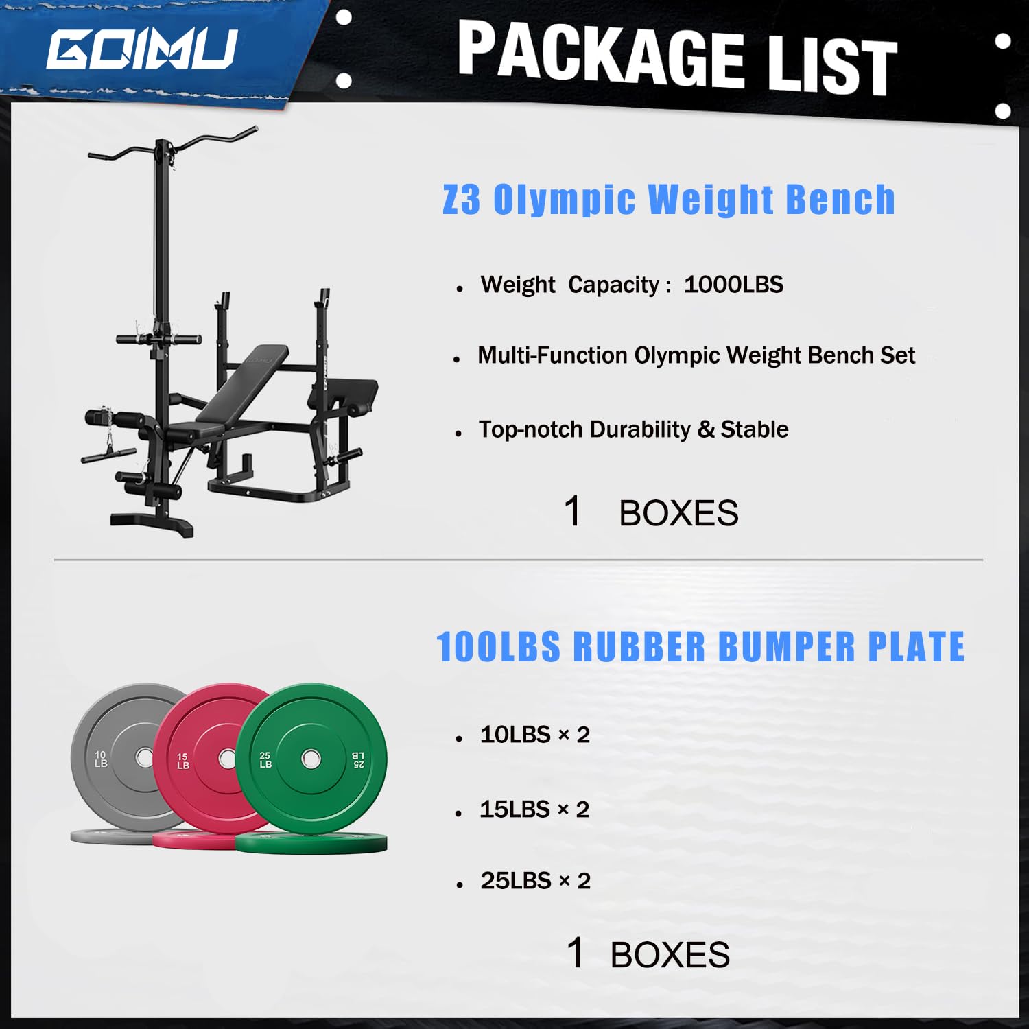 Goimu Z3 900LBS Olympic Weight Bench Set with Leg Extension, 9 in