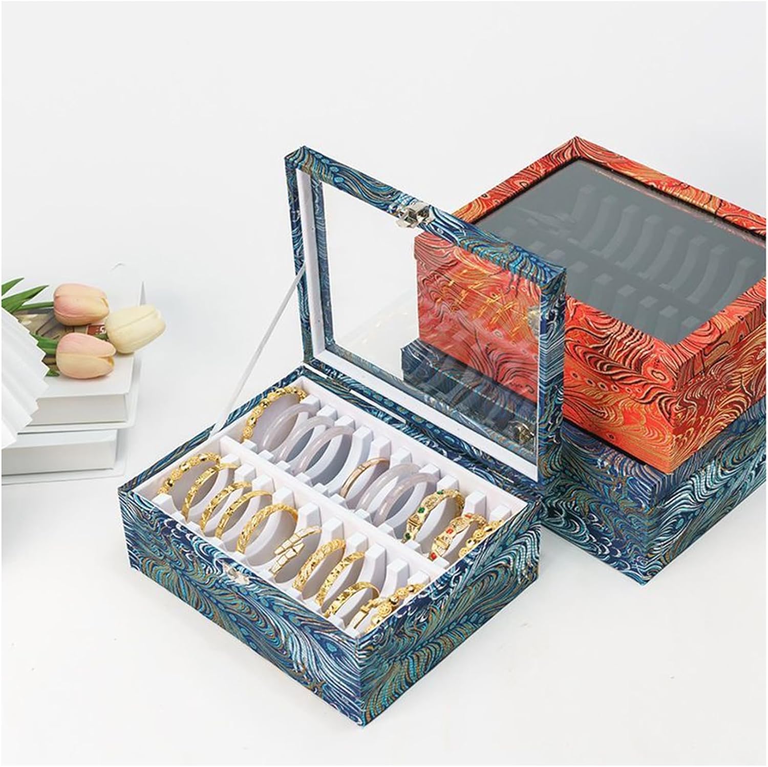 Removable 22/44 Slots Bangle Organizer Box, Velvet Bracelet Showcase with Clear Lid and Lock, Dustproof Jewelry Display Storage Case for Women Girl Wife (22slots,Nontransparent lid,Red+White)