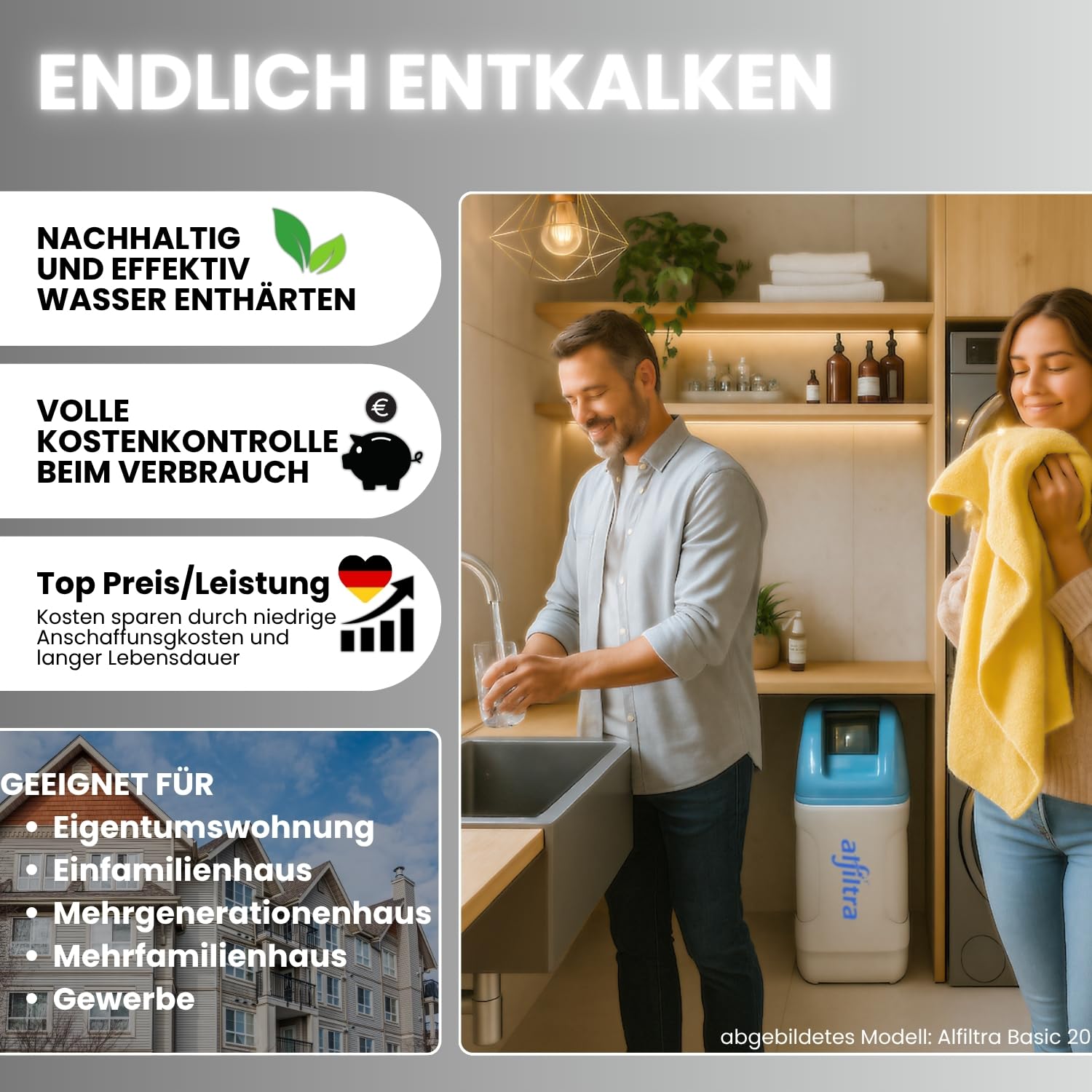 Entkalkungsanlage mit Anschlussset 1" und Testset | Wasserenthärtungsanlage für Haushalte bis zu 8 Personen | Antikalkanlage Entkalker für weiches Wasser