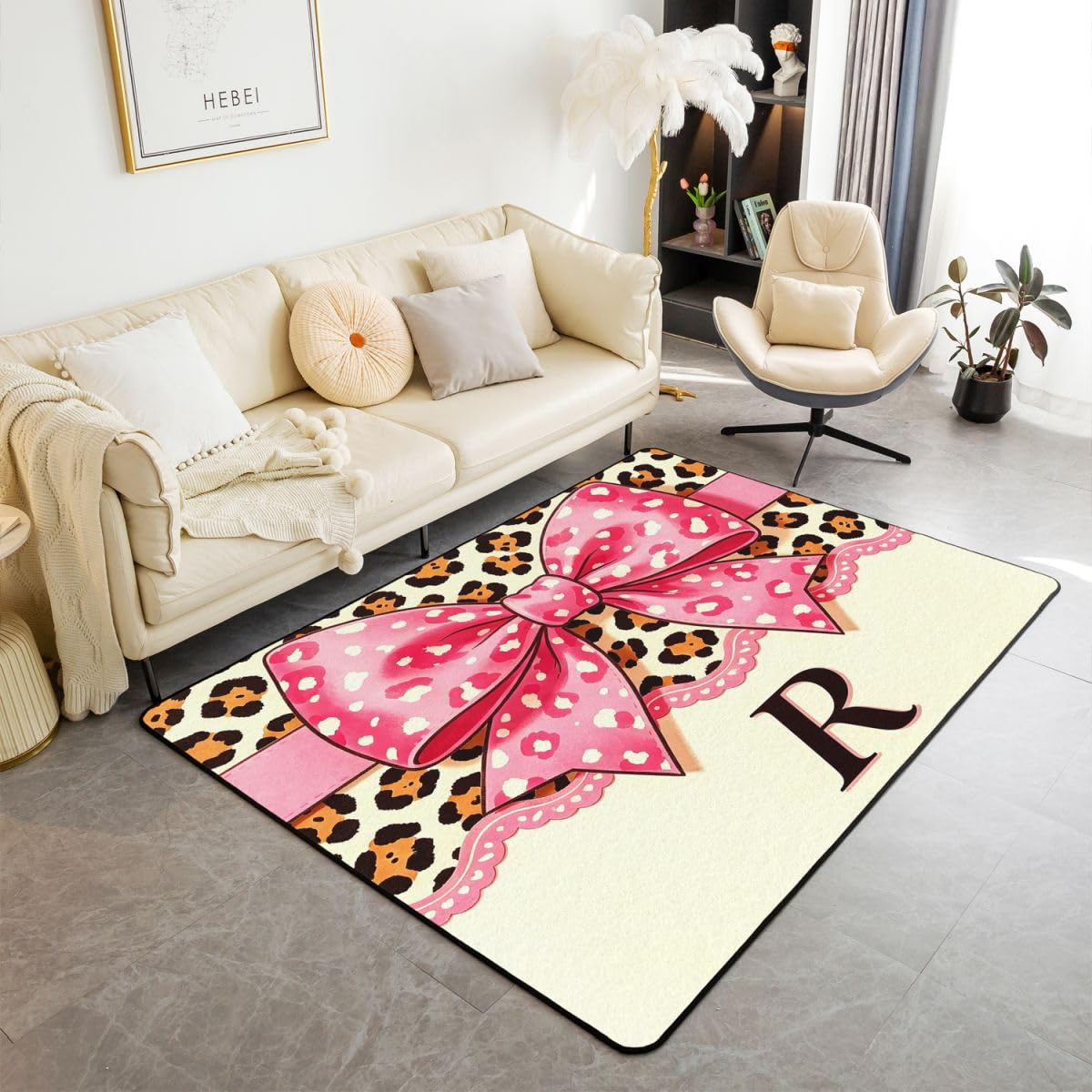 Loussiesd Tapis de Salon 100x150cm Rose Léopard Noeud Papillon Tapis Chambre Luxe Style Moderne,Doux,Lavable Lettre Letter R Idéal pour Salon et Chambre Antidérapant