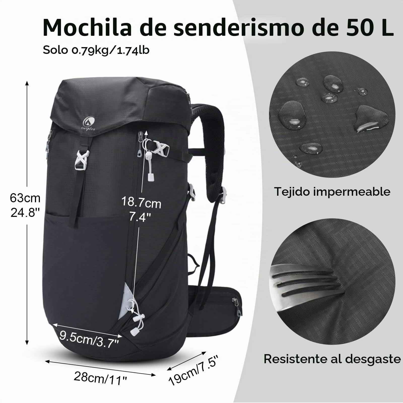 50L Grande mochila senderismo, mochila trekking con Apertura Frontal, mochila montaña impermeable para camping, mochila viaje Acampada para excursiones Deportes, Negro