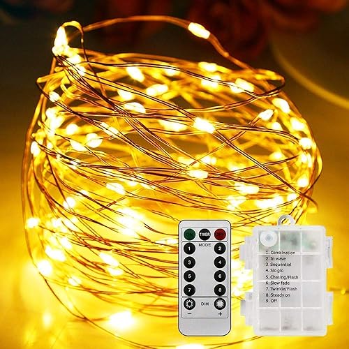 33Ft 100 LEDs Fairy String Lights Battery Operated Outdoor Waterproof 8 Modes Dimmable Remote Control Christmas Decor Lights Copper Wire Firefly