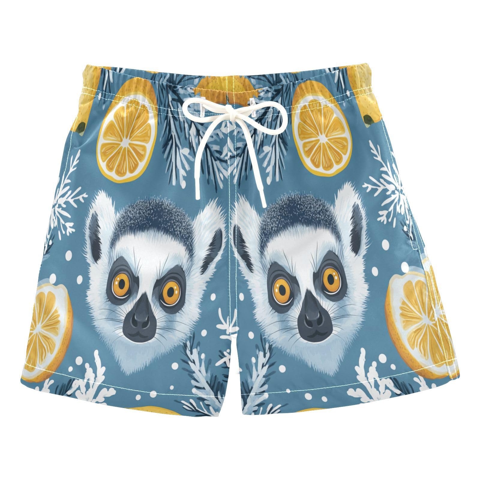 Jucciaco Boys Beach Board Shorts Lemur Lemon Animal Swim Trunk Teen Swimwear