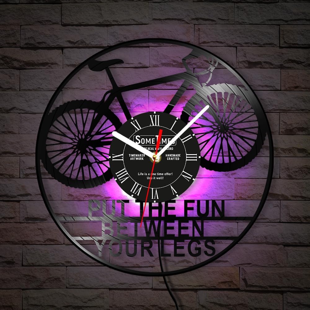 The Geeky Days Retro Mountain Bike Wall Clock Custom Text, 7 Kinds of LED Color Bicycle Cycling Vinyl Record Wall Clock Night Light Silent Personalized MTB Bicycle Wall Watch Clock for Biker Gift 12''