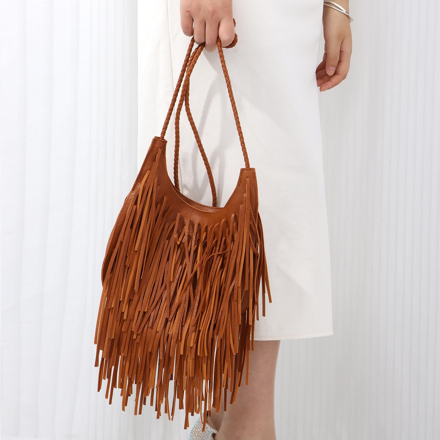 Oweisong Leather Fringe Bag for Women Boho Crossbody Purse Suede Western Fringe Purse Vintage Hobo Handbags