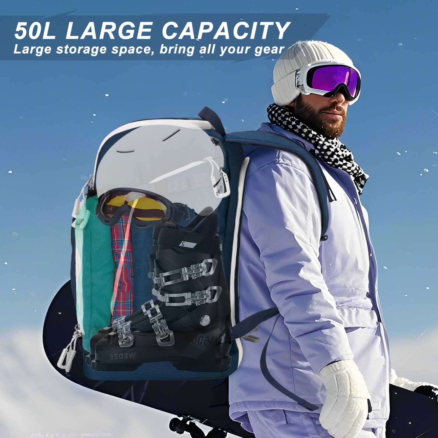 Coolfel Borsa per Scarponi da Sci con Scomparto per Casco, 50L Zaino da Sci Snowboard Pattini a Rotelle, Borsa da Sci Impermeabile per Casco, Giacca, Occhiali, Guanti