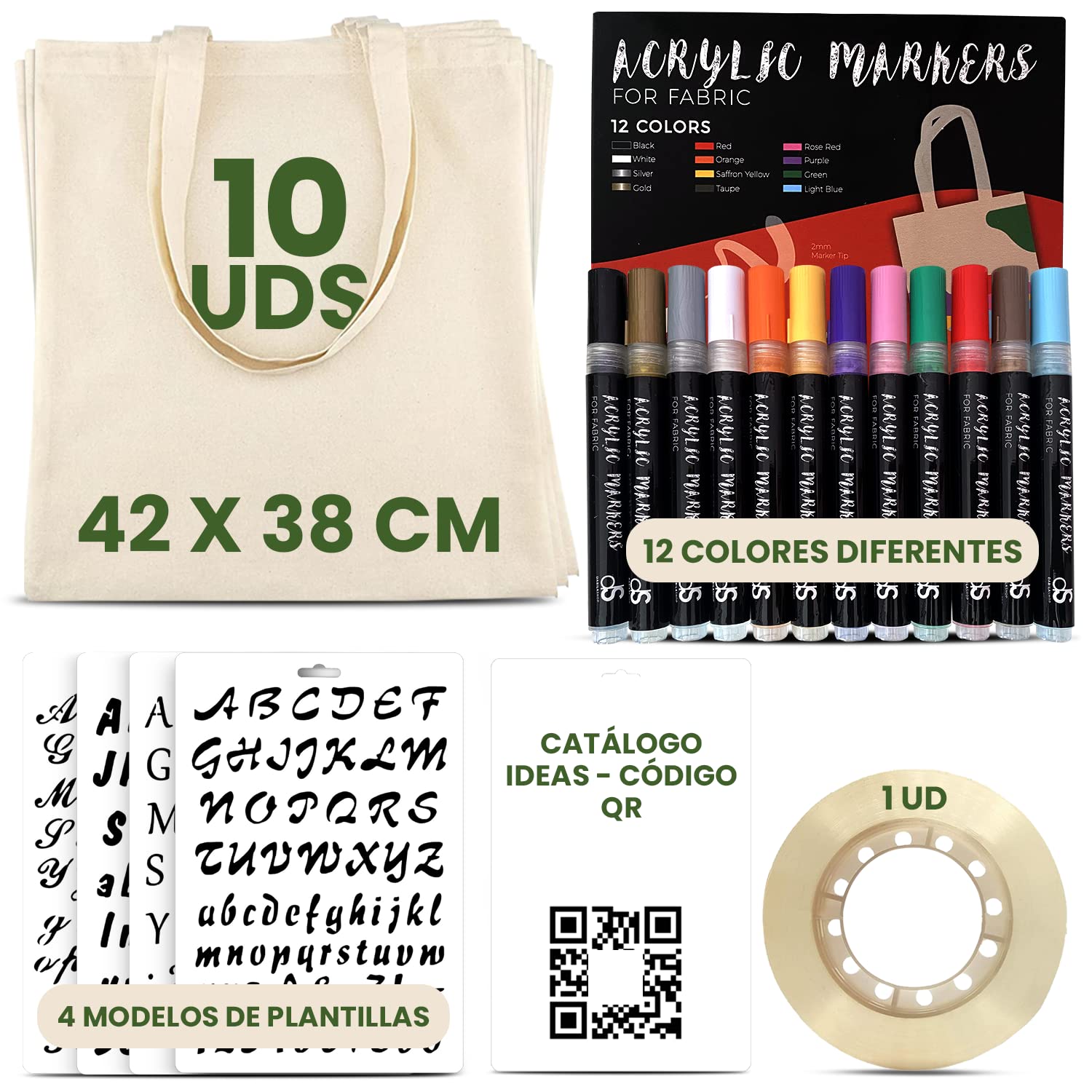 Pack 10 Bolsas Tela Tote Bags Reutilizables Algodon + 12 Rotuladores Acrílicos Tela + 4 Plantillas Abecedario + Celo + Catálogo Ideas. Crea diseños personalizados para regalos, manualidades, arte