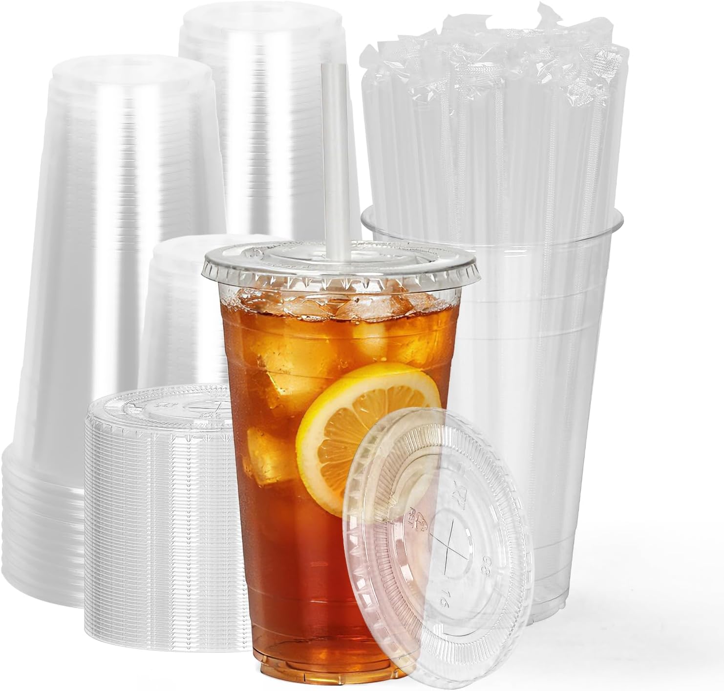 100 Pack 20 oz Disposable Plastic Cups with Lids & Straws, Disposable Iced Coffee Cups, Clear Cold Drink Cups for Party, Events, Smoothies, Milkshake, Iced Coffee, and TO-GO Drinkings Leak-Proof