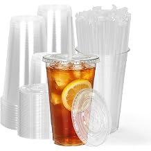 24 oz Plastic Cups with Lids & Straws, 100-Pack, Leak-Proof Sturdy
