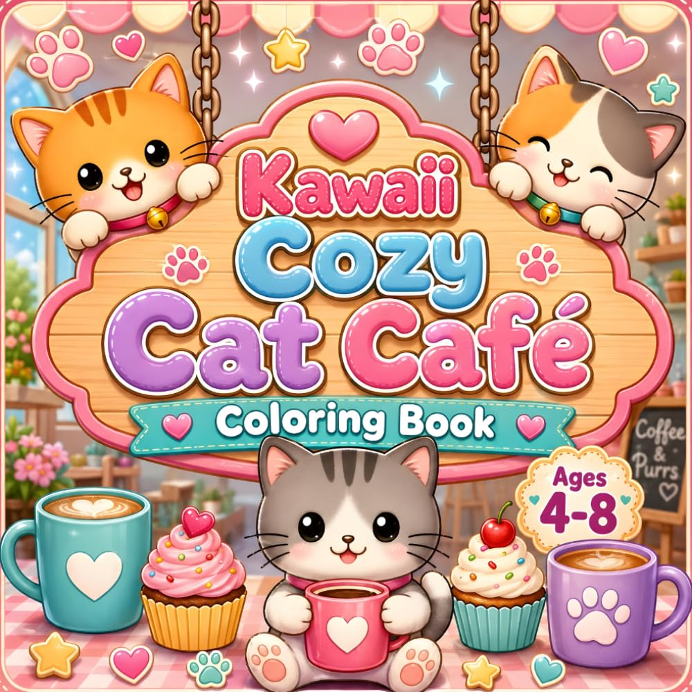 Cozy Cat Cafe Coloring Book: Cute Cats, Coffee, Desserts, Cozy Cafe Scenes and Kawaii Coloring Pages for Kids Ages 4-8