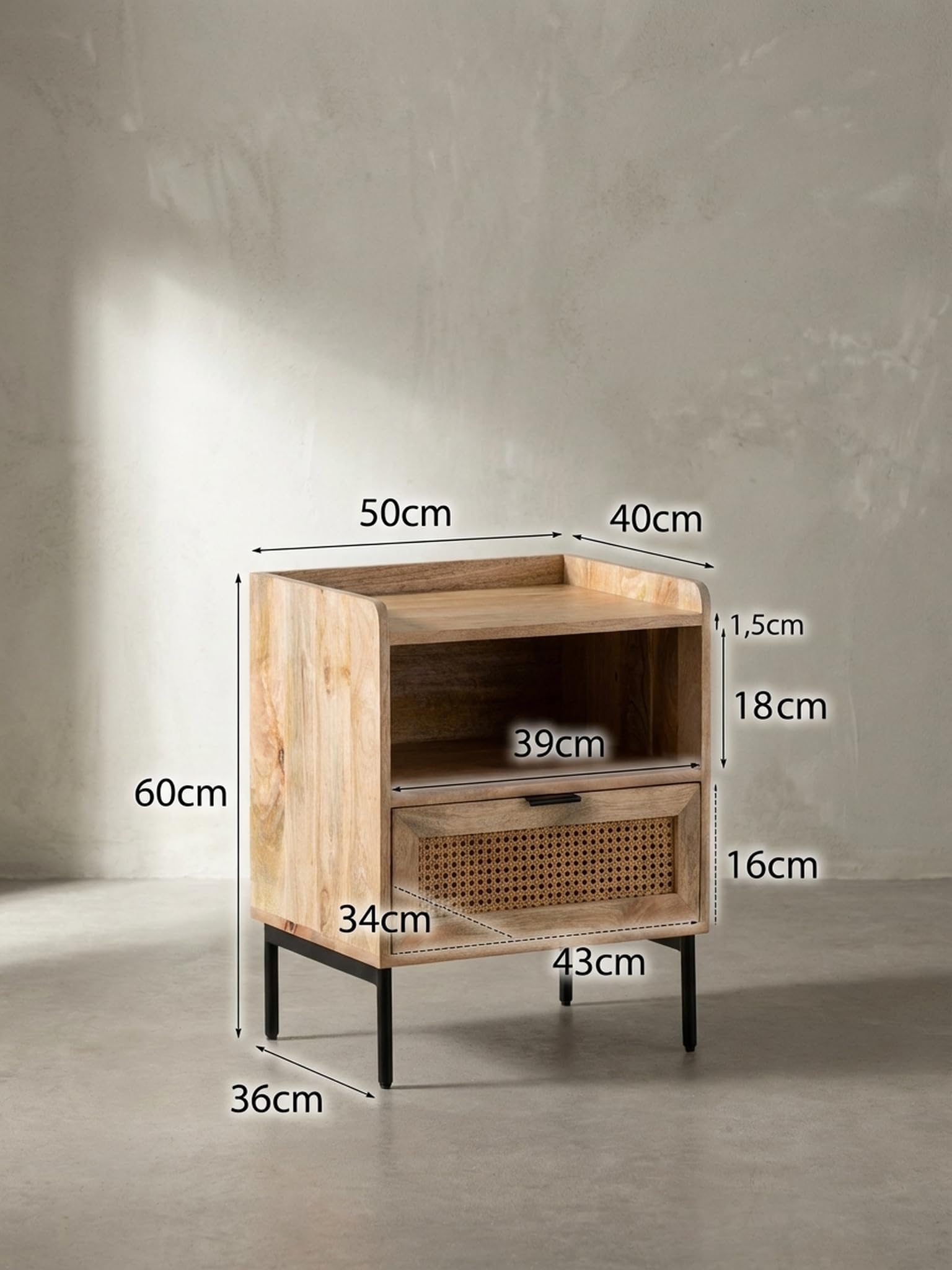 Consolle da notte Mango in legno massello/rattan, 50 x 60 x 40 cm, comodino marrone, comodino con cassetto intrecciato viennese, comodino con vano portaoggetti e
