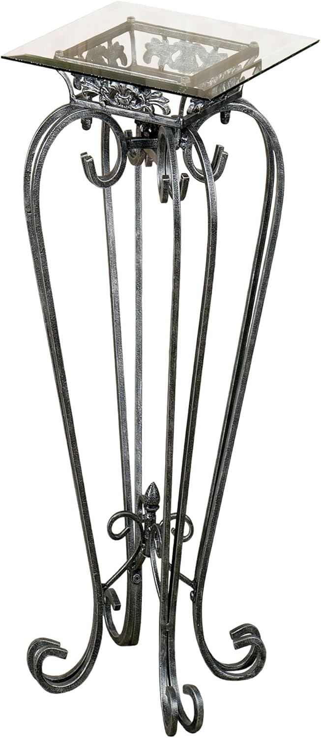 Touch of Class Chalcedony Metal Scroll Pedestal Table - Beveled Glass - Antique Pewter - Made of Iron - Square Shaped Top - Elegant Style - Accent Furniture for Bedroom, Living Room, Desk