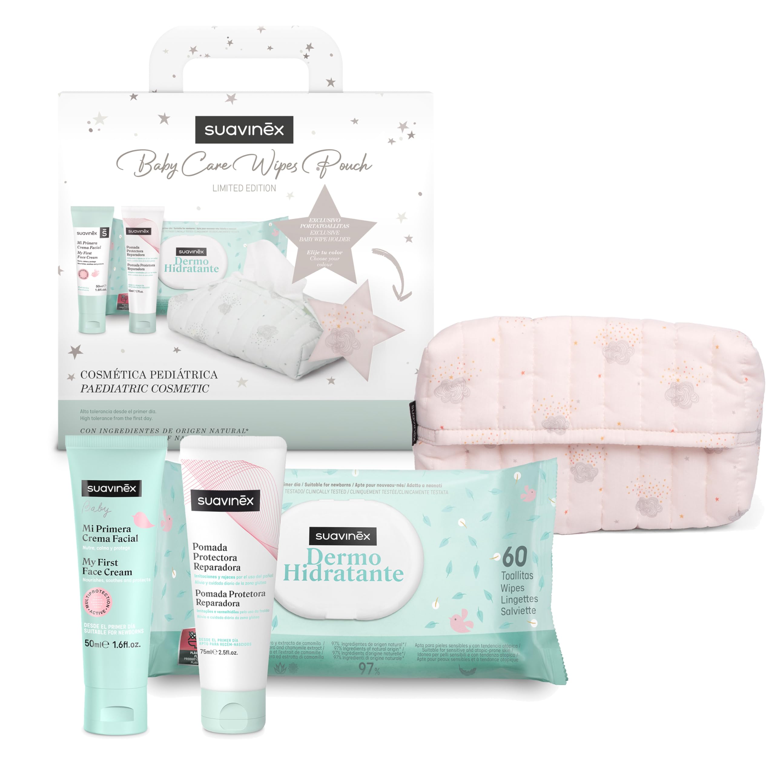 Suavinex, Regalo Bebé Recién Nacido, Canastilla Bebé con Porta Toallitas de Tela con: Crema del Pañal - Pomada Protectora Reparadora + Crema Facial + Toallitas Dermohidratantes, Rosa