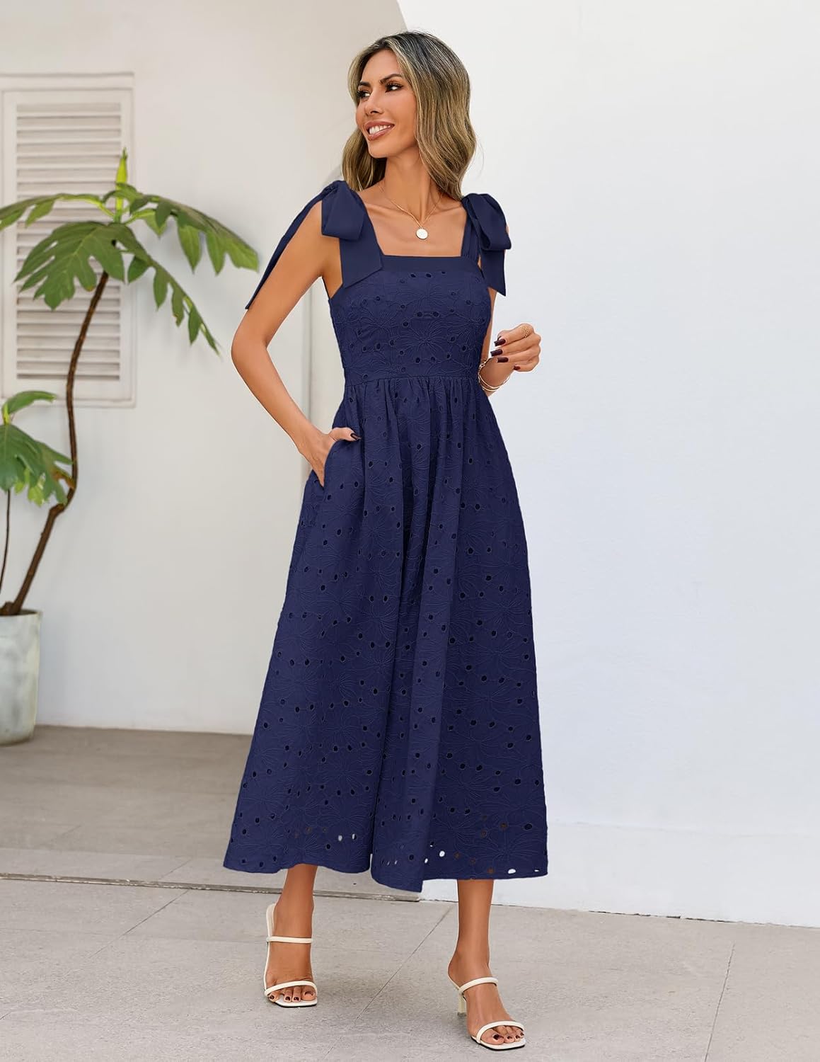 MEROKEETY Women's Summer Eyelet Square Neck Sundress 2026 Spring Sleeveless Flowy A Line Beach Vacation Long Maxi Dress