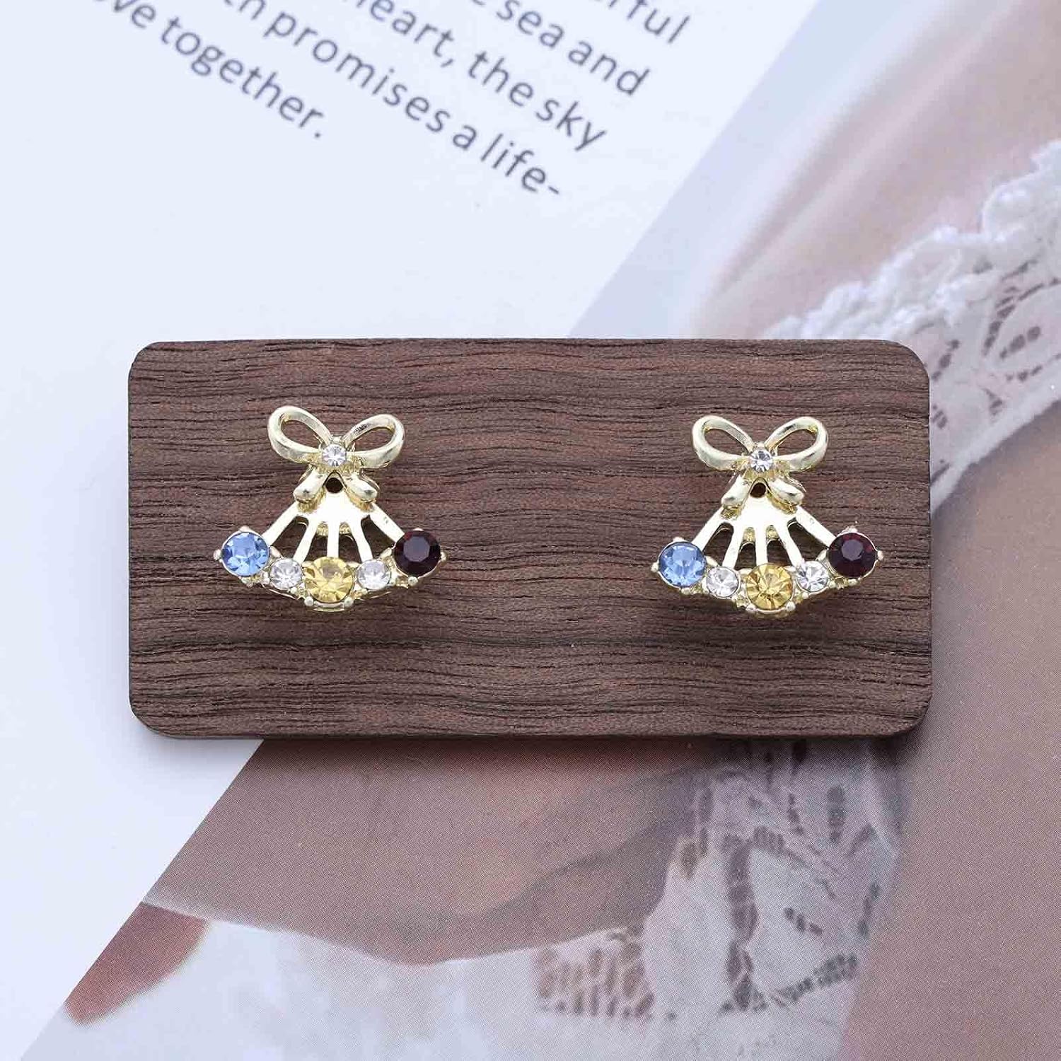 Vintage Rainbow Crystal Ear Jacket Earrings Gold Ribbon Bow Stud Earrings Tiny Filigree Bowknot Earrings Colorful Crystal Floating Earrings Jewelry for Women