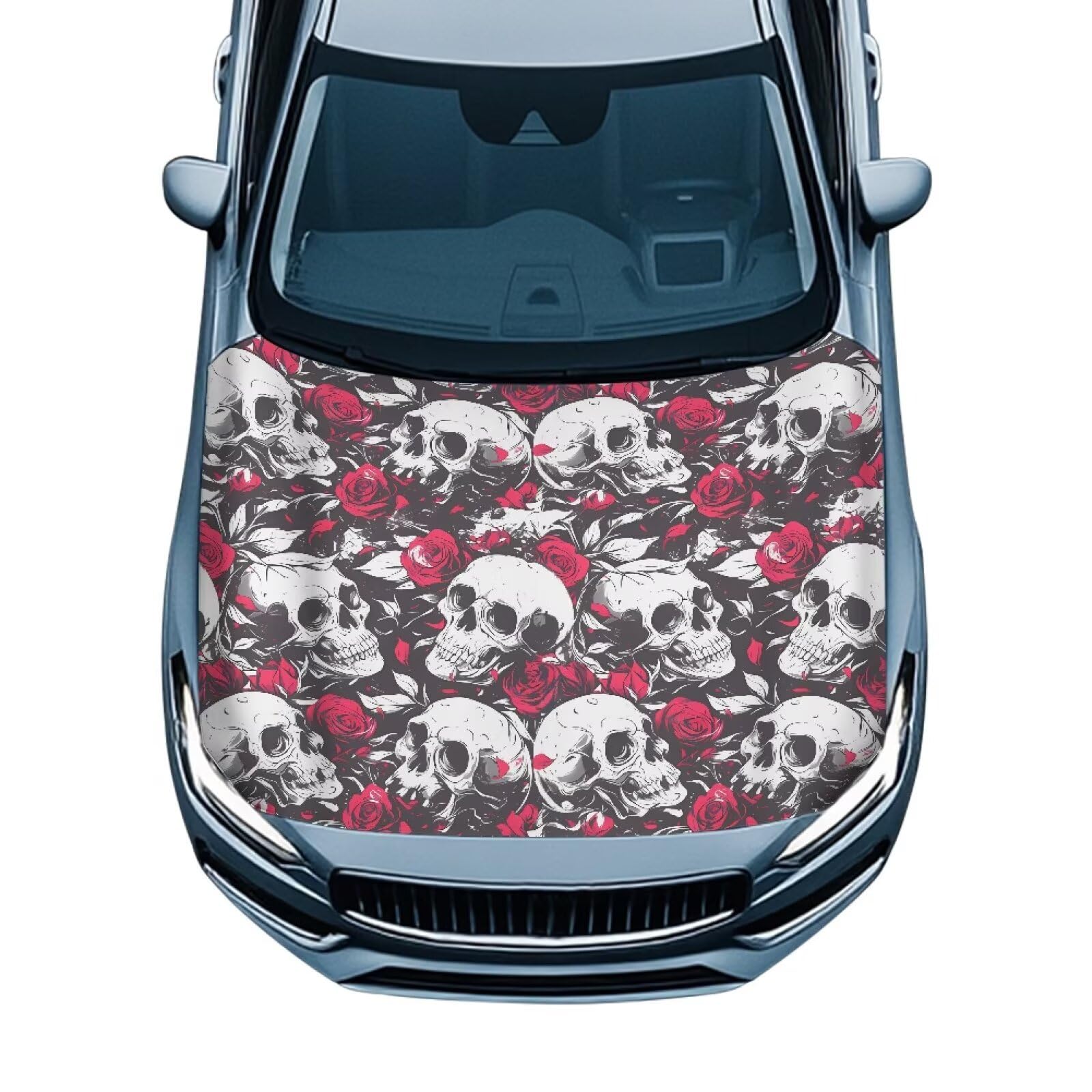 Car Hood Cover, Car Bonnet Banner, Universal Fit, Elastic Polyester, Stretchable, Red Rose Skull Waterproof Automotive Hood Covers