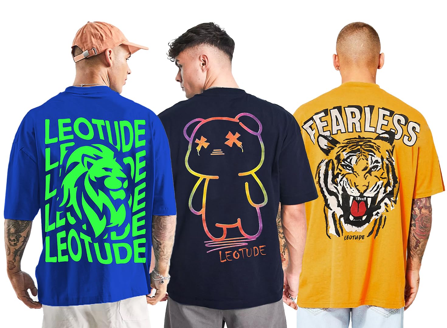 LEOTUDEMen's Cotton Oversized Fit Oversized Tshirt Drop Shoulder ful Printed Combos (Pack of 3)