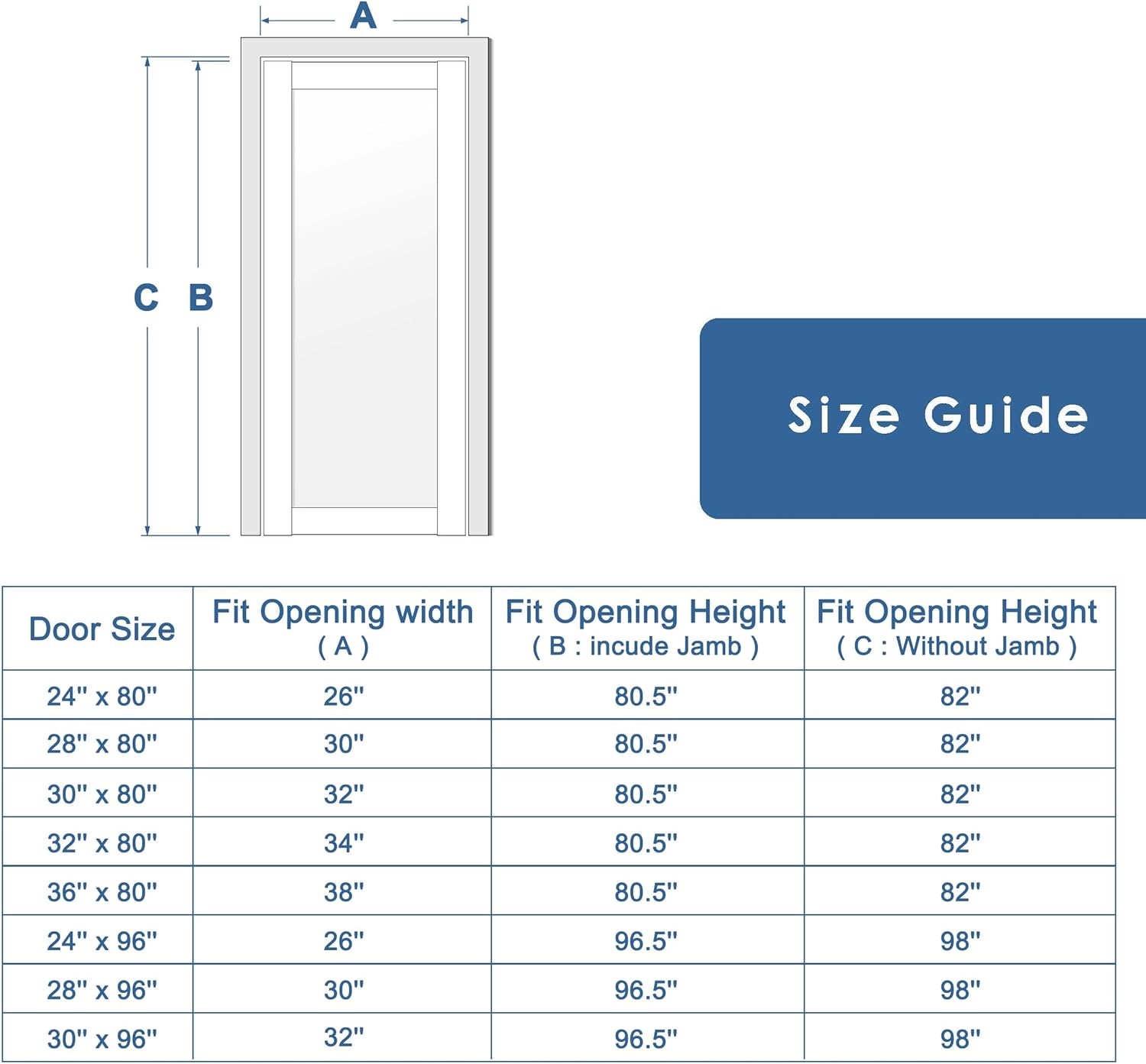 WINSTELLAR door size guide table.
