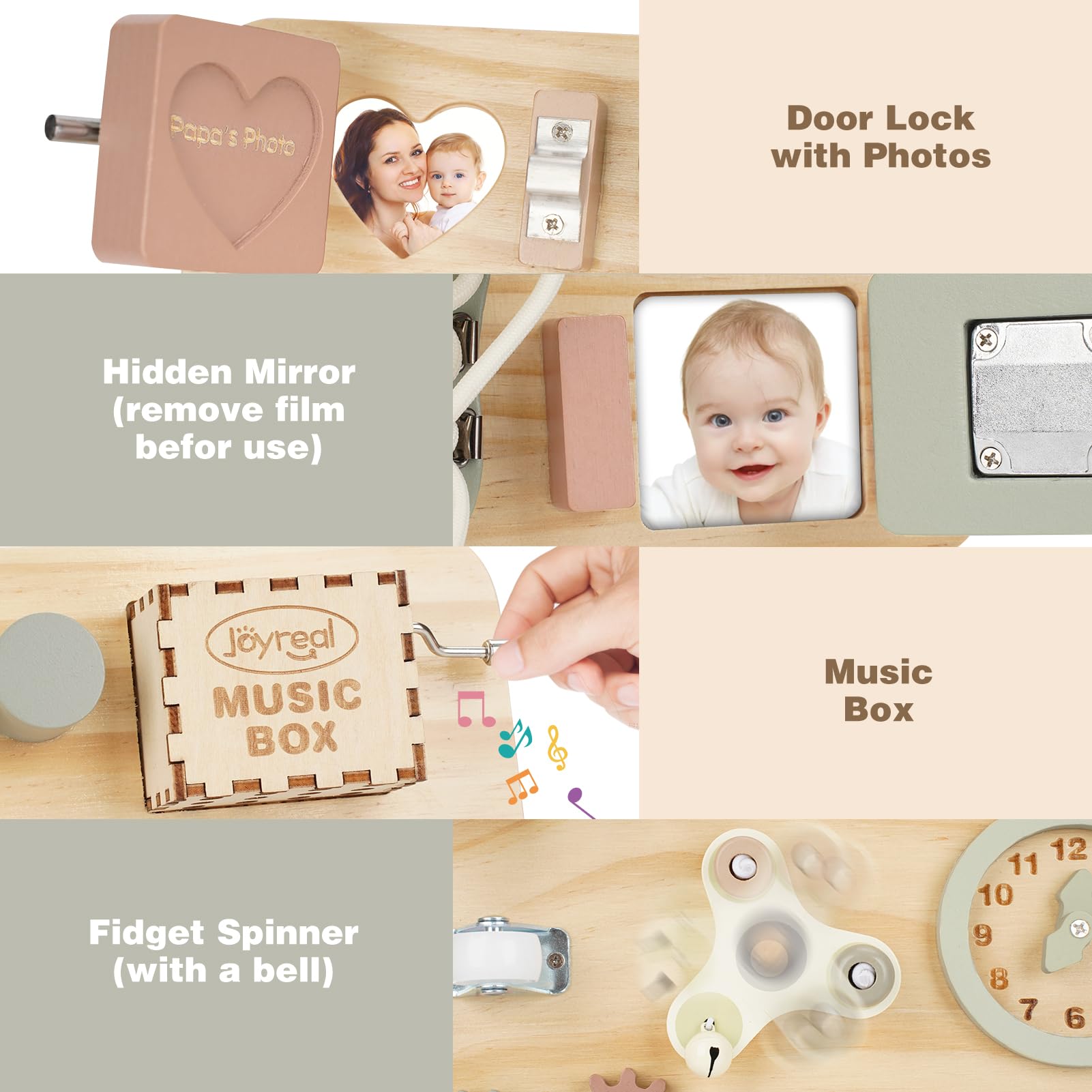 Joyreal Grande Busy Board - Pannello Sensoriale Bambini Montessori Legno Tavola Sensoriale Giochi Montessori con Carillon Specchio Neonati Giochi Educativi Regalo