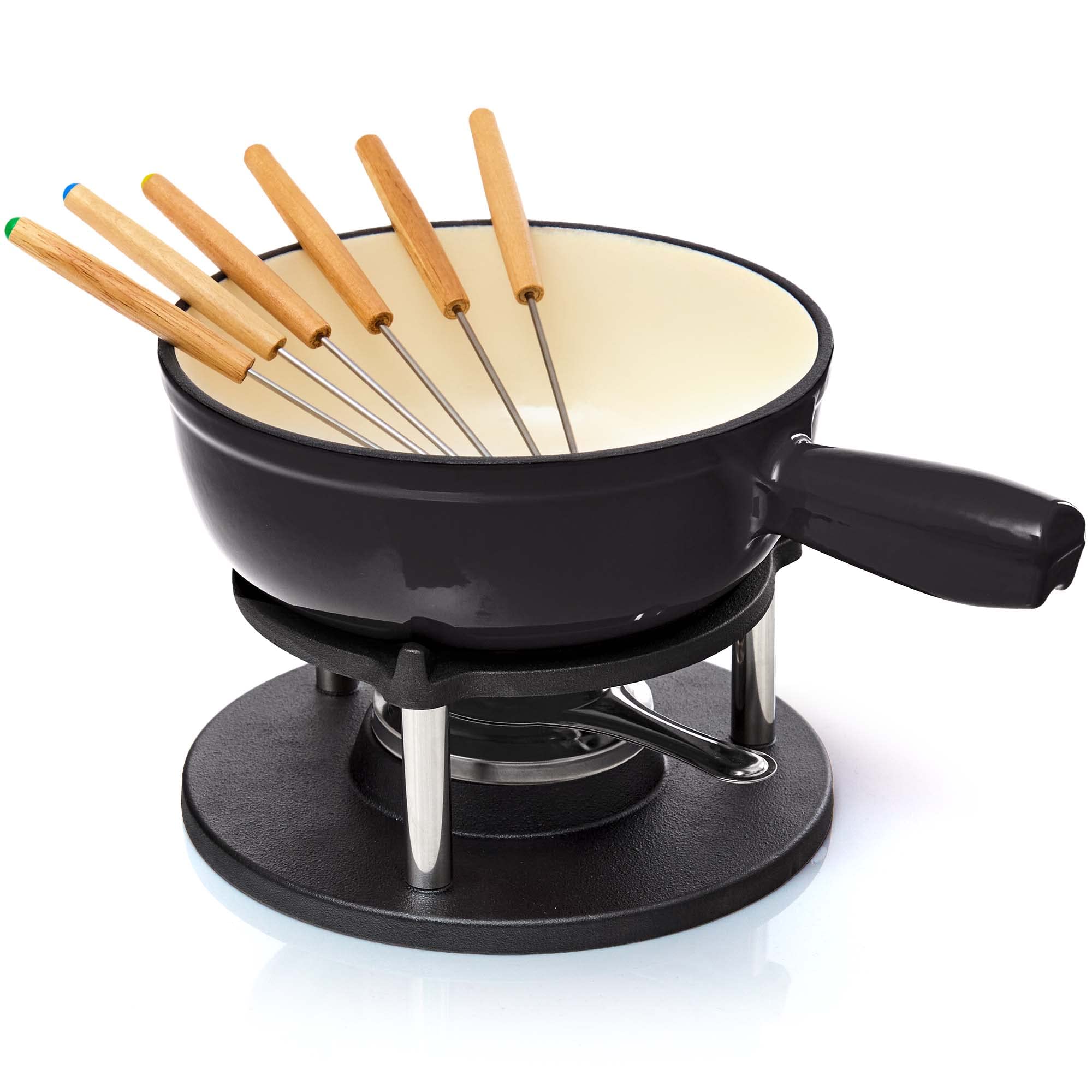 Gusseisen Fondue Set für 6 Personen - 2 Liter - Fondueset 9-teilig mit Brenner und 6 Gabeln - mit Emaille-Beschichtung - geeignet für Käsefondue Schokofondue Fleischfondue Gemüsefondue