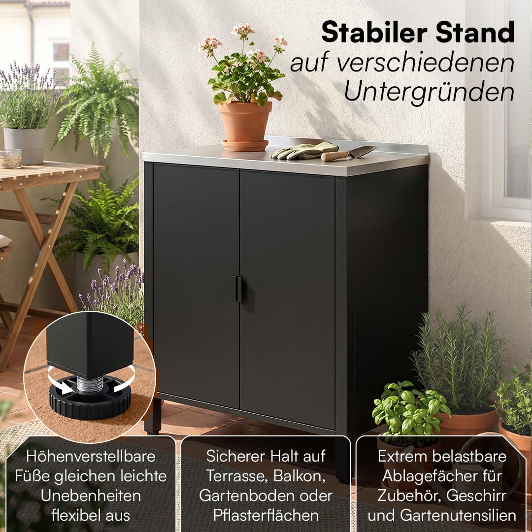 STEELSØN Zephios Gartenschrank 94,5x80x50 cm – Outdoor Küchenschrank mit Edelstahl Arbeitsplatte & 2 Fächern – stabile Kommode aus Metall – Terrassenschrank wetterfest Terrasse/Grillstation, schwarz