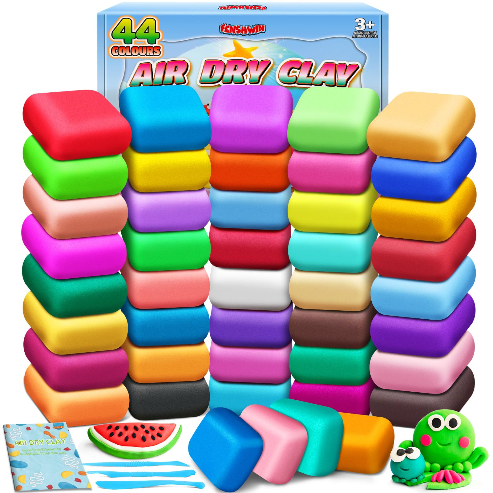Modelliermasse Lufttrocknend, 44 Farben Lufttrockener Magischer Knete für Kinder, Air Dry Clay Geschenk für Jungen und Mädchen im Alter von 3-12 Jahren