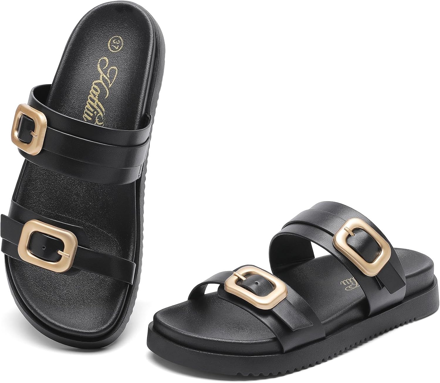 katliu Women's Comfort Flat Sandals Double Buckle Adjustable Slide Sandals Casual Summer Sandals with Arch Support