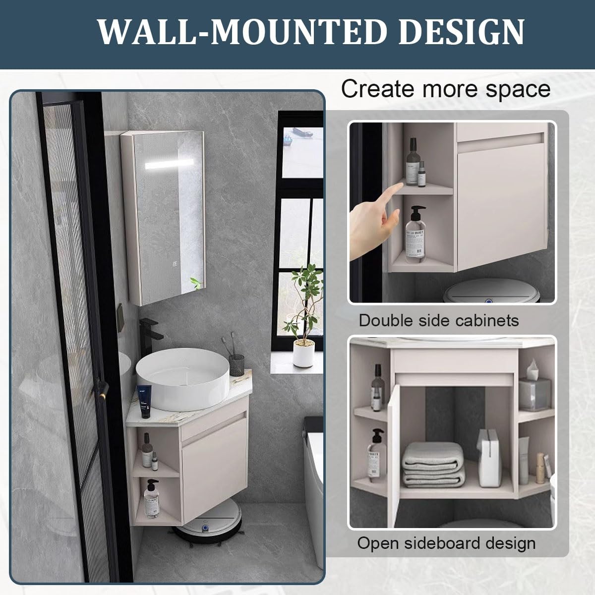 Mueble De Baño De Esquina con Lavabo, Lavabo De Esquina De Pared Que Ahorra Espacio con Espacio De Almacenamiento, Espejo Y Accesorios para Baños Pequeños.,43cm