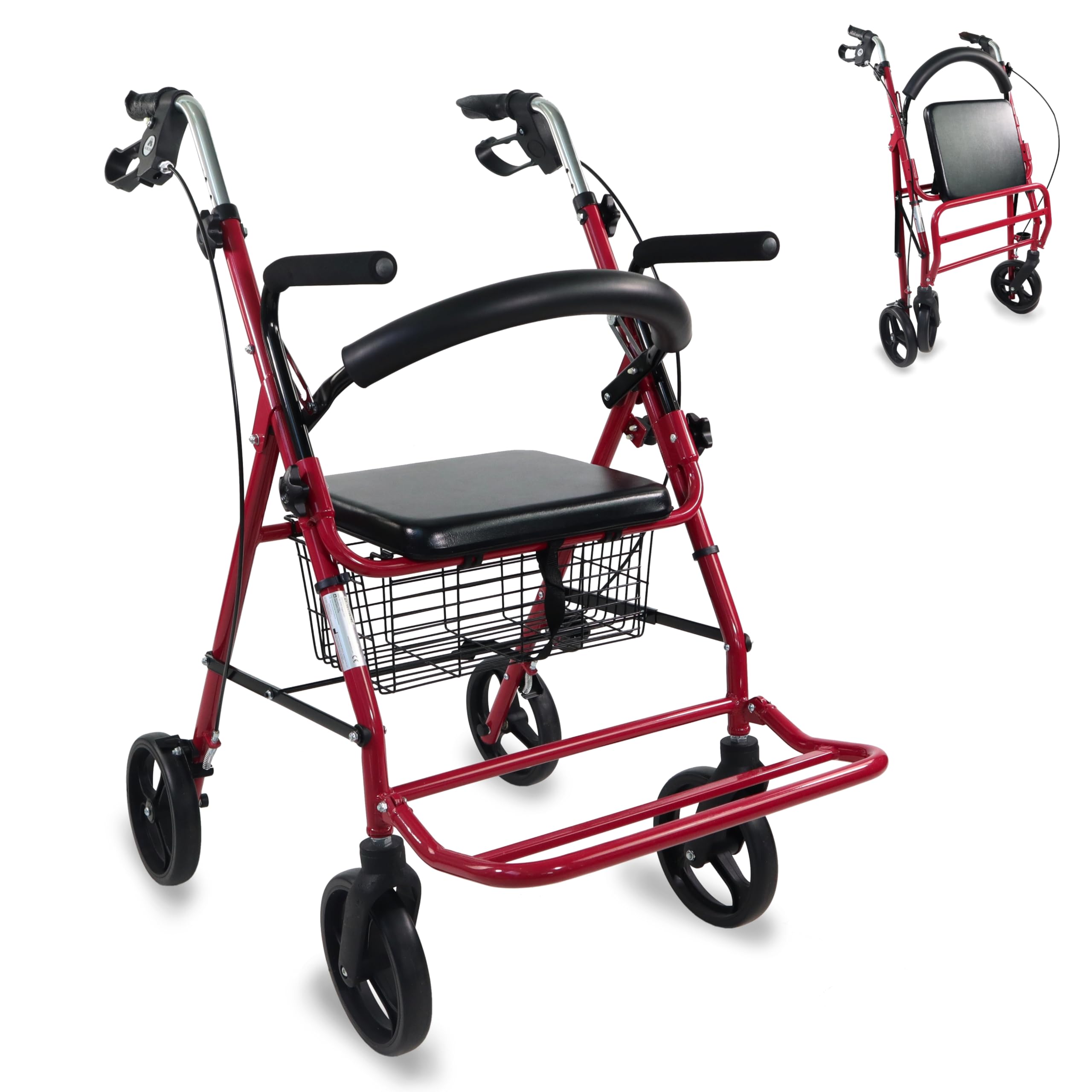 Mobiclinic®, Andador para Ancianos, Con Asiento y Reposapiés, Fabricado en Aluminio, Resistente Ligero, Plegable, Frenos Manetas, Rollator, Marca Española, Modelo Colón, Color Burdeos