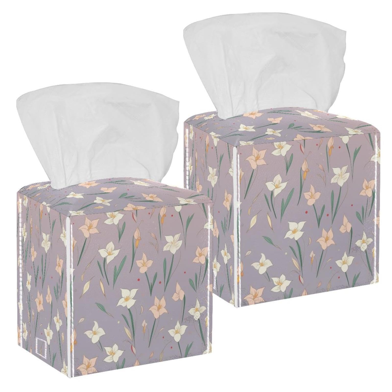 Lily Purple Tissue Box Cover, 2 Pack PU Leather Square Facial Tissue Dispenser Box holder for Home Office Car