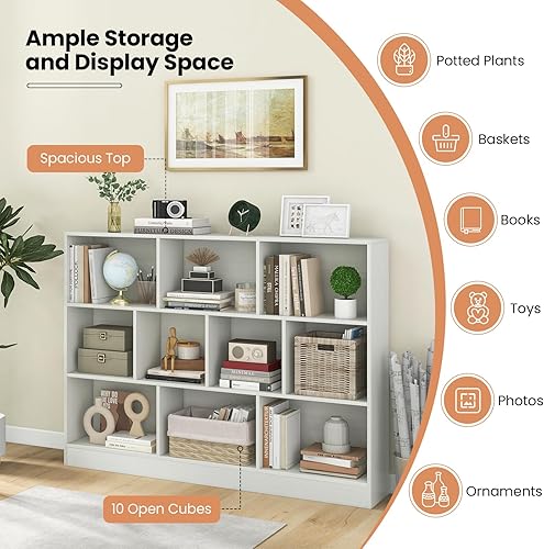 Miniatura 6 de Costzon 10-Cube Bookshelf for Kids, Wooden Toy Storage Organizer w 2 Anti-Toppling Kits, 3 Tier Open Shelves & Non-Slip Foot Pads, Montessori Toy