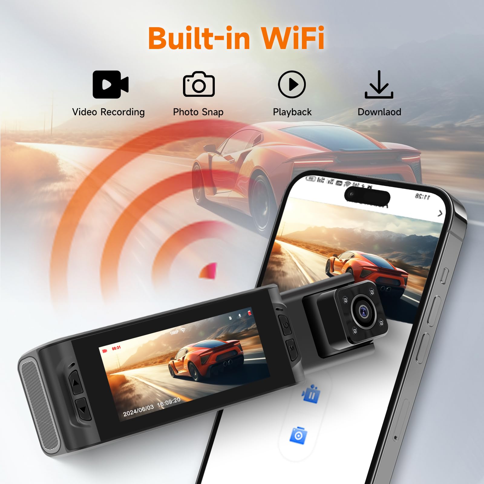 Hodozzy Dashcam Cámara Coche Frontal e Interior 1080P Dash CAM con Pantalla IPS de 3,16 Pulgadas, Dual WiFi Dashcam Coche con App, Tarjeta 64G, Grabación en Bucle Visión Nocturna,Ajuste de Exposición