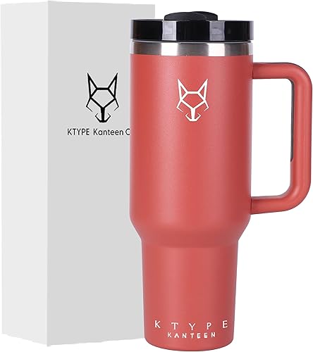KTYPE Kanteen Vaso de acero inoxidable de 40 onzas con asa, tapa y pajita, recubierto de polvo o recubierto de goma, aislamiento al vacío de doble
