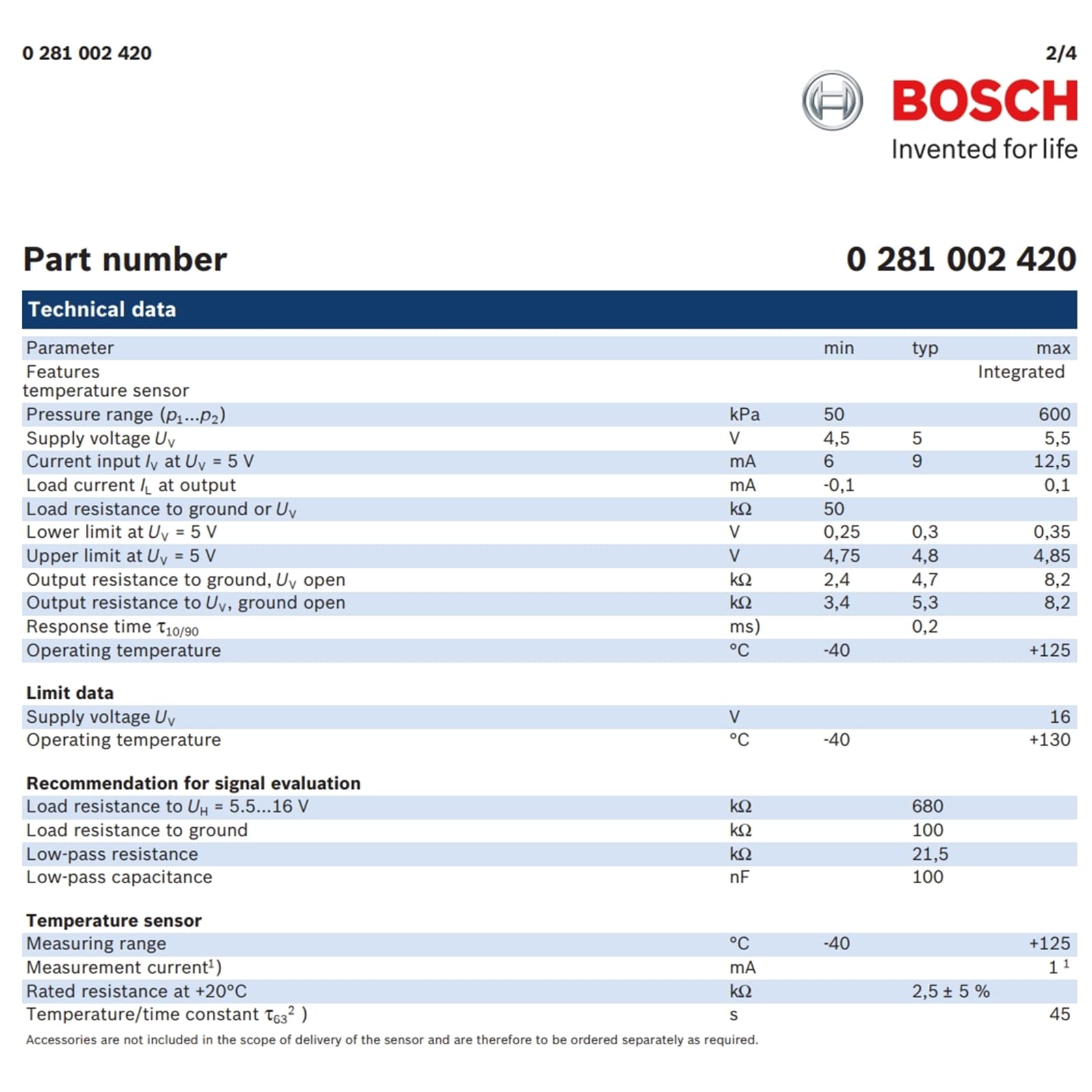 BOSCH 0 281 002 420 Sensore, Temperatura Olio; Sensore, Temperatura Olio; Sensore, Temperatura/Pressione Olio