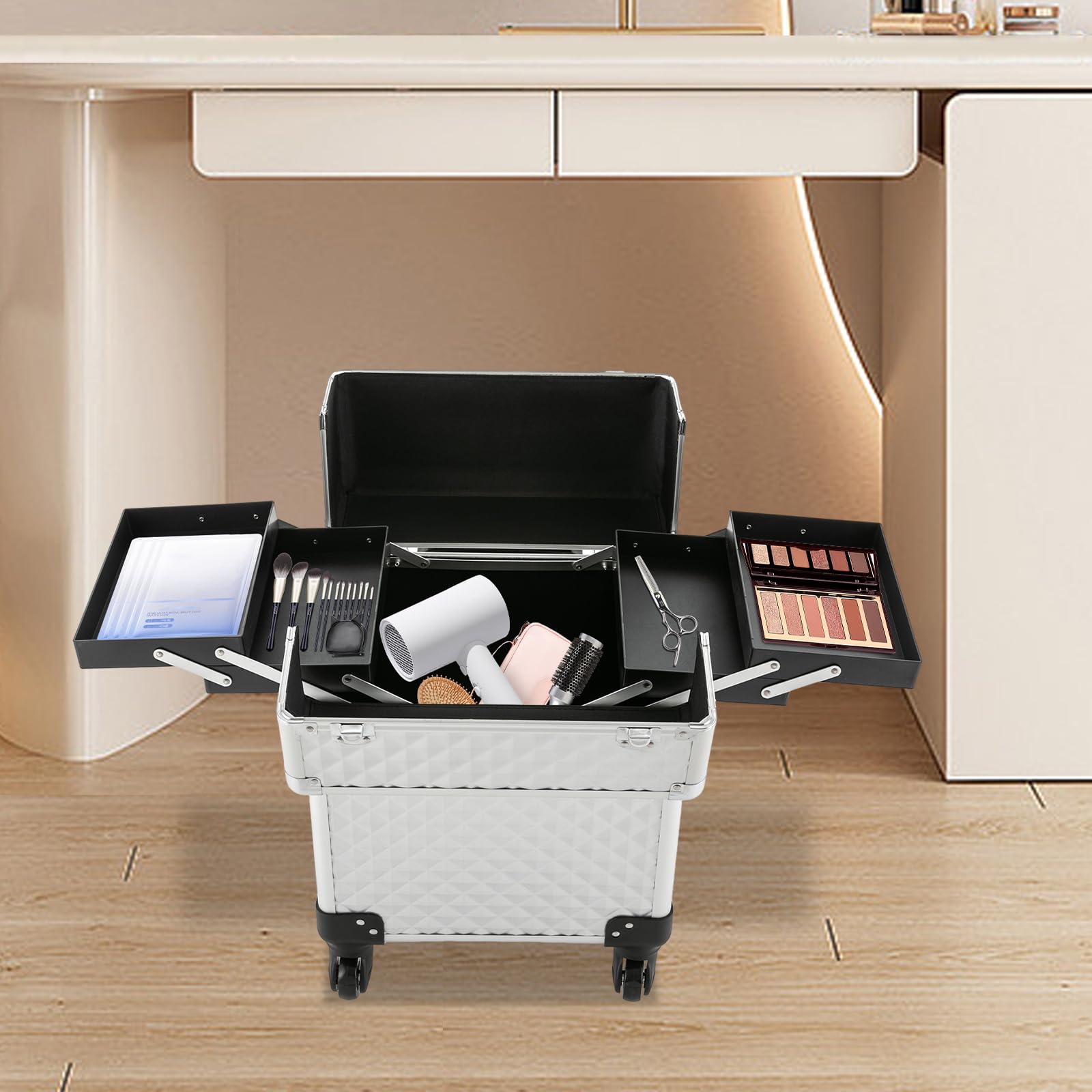 Kosmetikkoffer mit Rollen, Make Up Koffer Trolley 2 klappbare Fächer Verstellbare Zugstange und Riegel für Visagisten Friseure Nageltechniker Kosmetiker (Silber)
