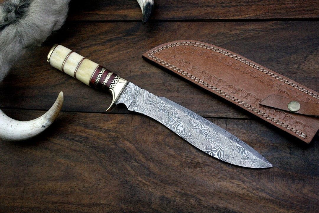 Fixed Blade Outdoor Knife with Leather Sheath, Damascus Steel Blade, Outdoor Knives for Hunting, Fishing, Camping
