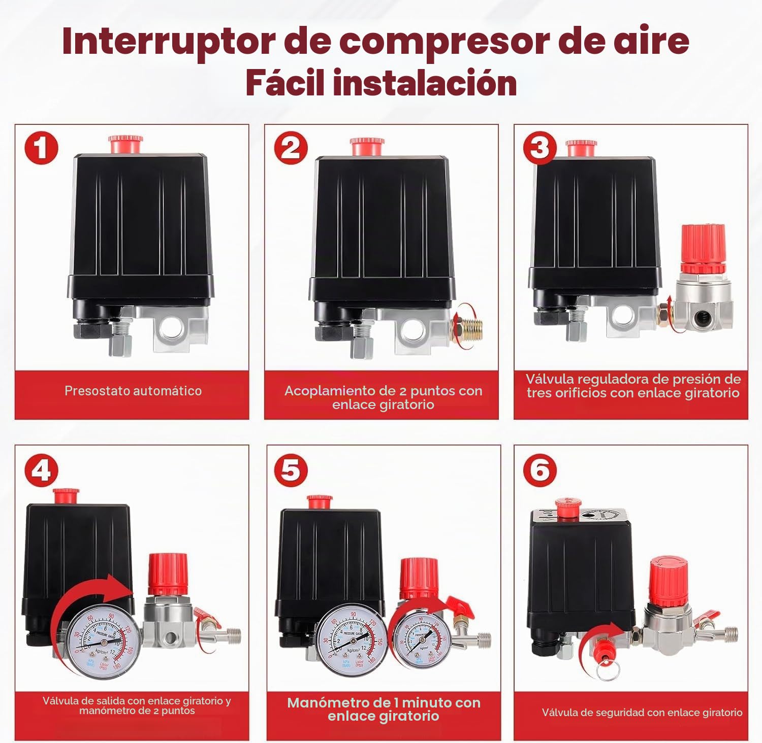 Presostato del Compresor de Aire, Pequeño interruptor de presión 4 Puertos Regulador de Control de Válvula de Seguridad del Colector con Manómetros para Compresor de Aire Bomba
