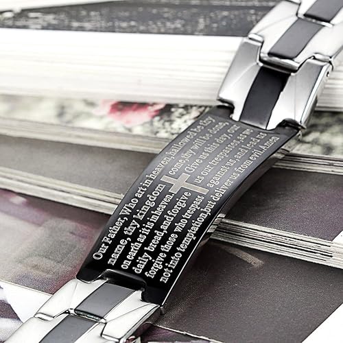 Miniatura 2 de Flongo Pulsera vintage de acero inoxidable para hombre, con cruz negra, con texto en inglés