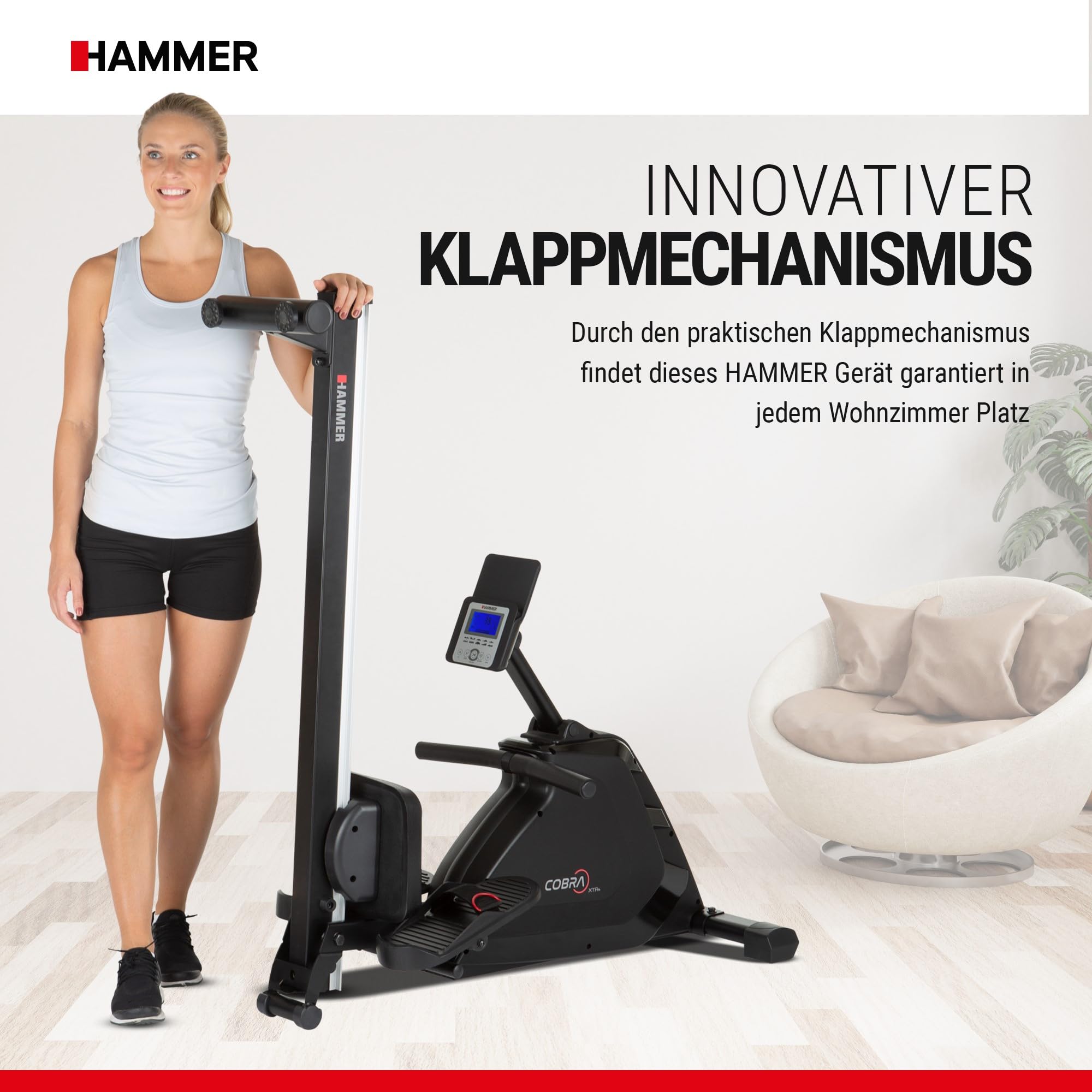 HAMMER Rudergerät Cobra XTR Plus II – Klappbare Rudermaschine mit innovativem Trainingscomputer, Rudergerät für zuhause bis 130kg, 20 Trainingsprogramme mit 4 Herzfrequenz-Programme