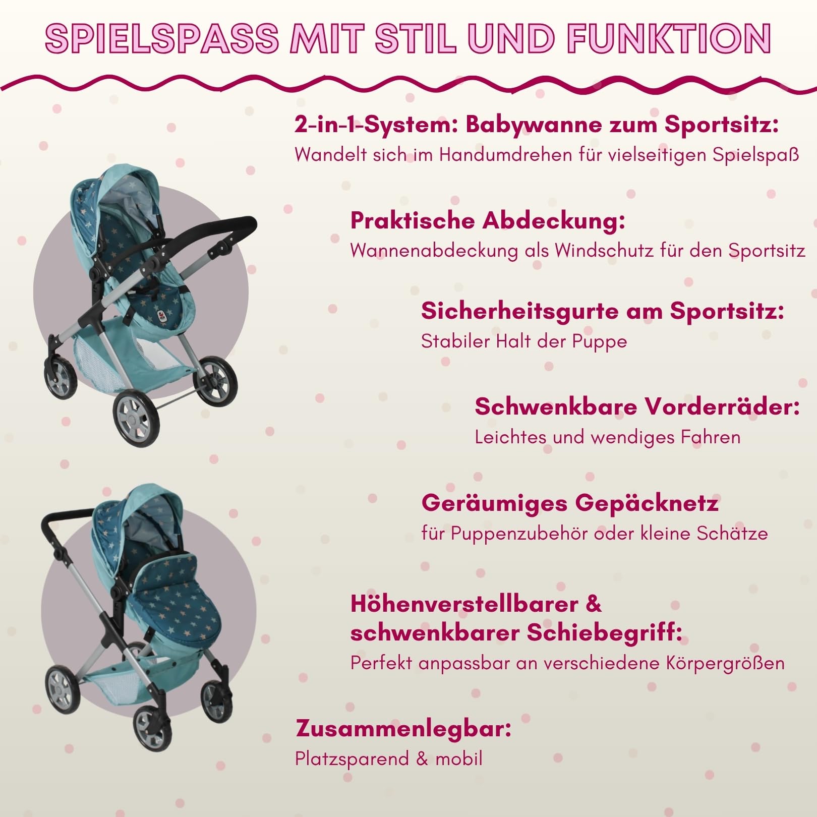 Bayer Chic 2000 Poussette Poupon 2en1 Mila | Évolutive & Ergonomique | Une poussette pour poupon 2en1 haut de gamme, saine et évolutive pour accompagner votre enfant durant des années.