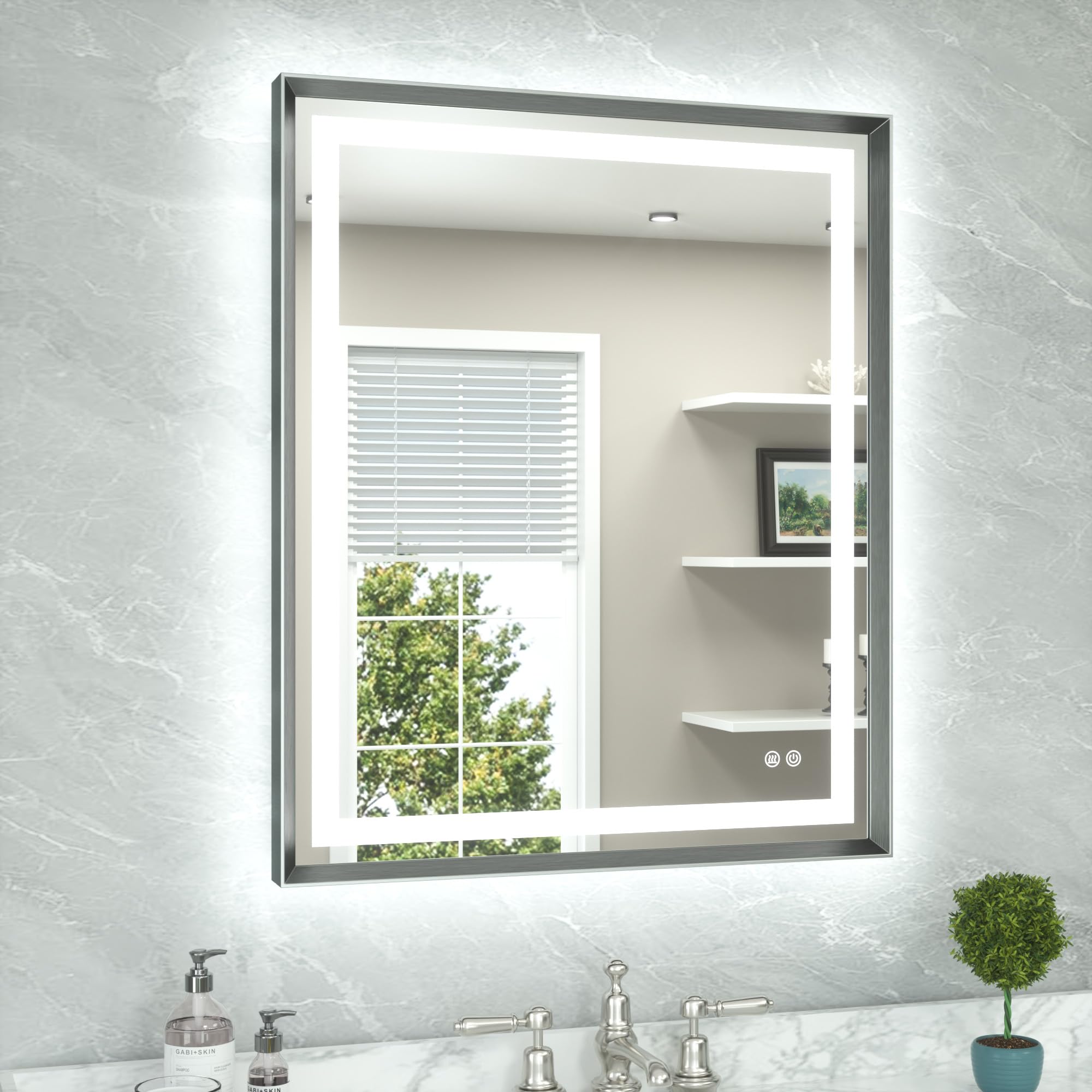 TETOTE Led Bathroom Mirror 30 x 36 with Brushed Gunmetal Gray/Off‑Black Frame Anti-Fog Frontlit &amp; Backlit Vanity Mirror Stepless Dimmable Lighted Mirrors for Bathroom Wall