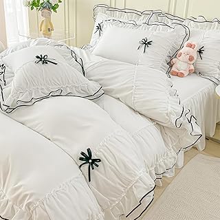 IHOUSTRIY White Duvet Cover Queen Size, Ruffle Beddding Set with Bowtie, 3 Pieces Comforter Cover Set with Zipper Closure, Girl Bedding with Pillowcase - Whte, Queen