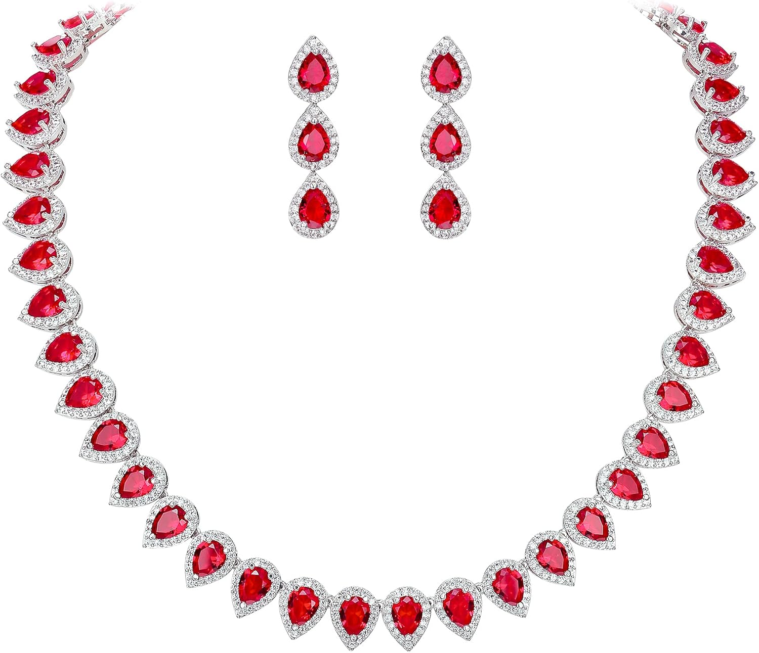 EleQueen Women's Silver-Tone Full Prong Cubic Zirconia Teardrop Bridal Necklace Earrings Set